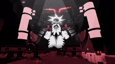 a cartoon character with a halo on his head is standing in a dark room