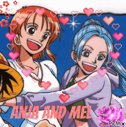 a picture of two anime girls with the words ana and mel in the corner