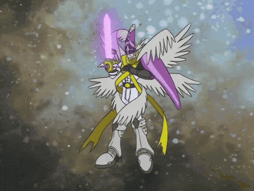 a cartoon character is holding a purple sword and shield