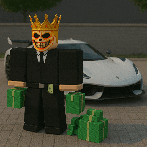 a skull with a crown on his head holds stacks of money in front of a white car