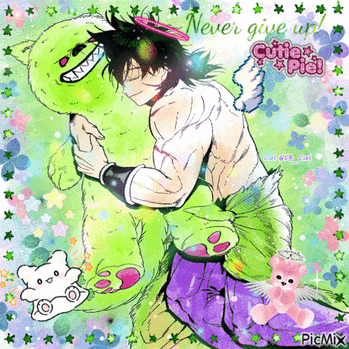 a picture of a man holding a green stuffed animal with the words never give up