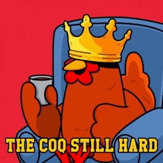 a cartoon chicken wearing a crown is sitting in a chair holding a cup of coffee