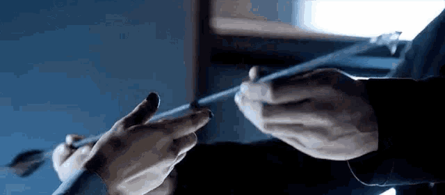 a person is holding a sword in their hands .