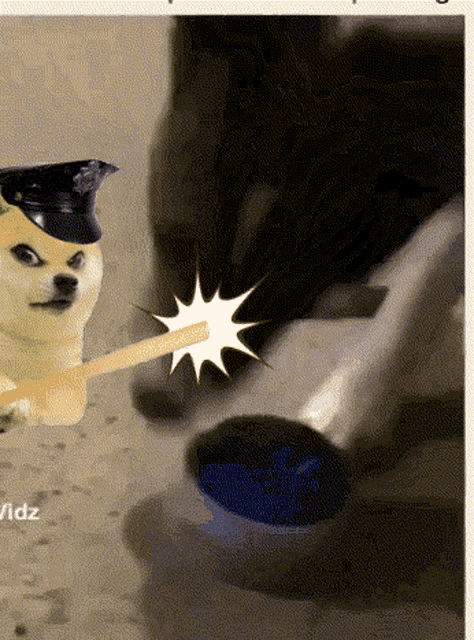a doge wearing a police hat is holding a stick in front of a car