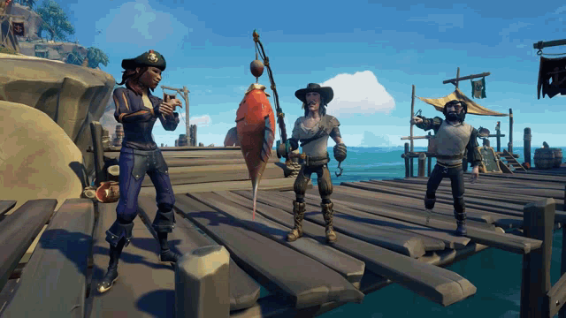 a group of pirates standing on a dock holding fishing rods and a large fish