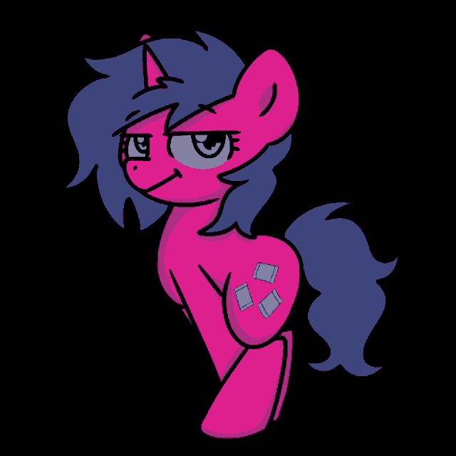 a pink and purple pony with blue eyes and a blue patch on its shoulder