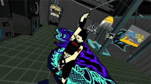 a computer generated image of a person playing a video game with a purple and blue background