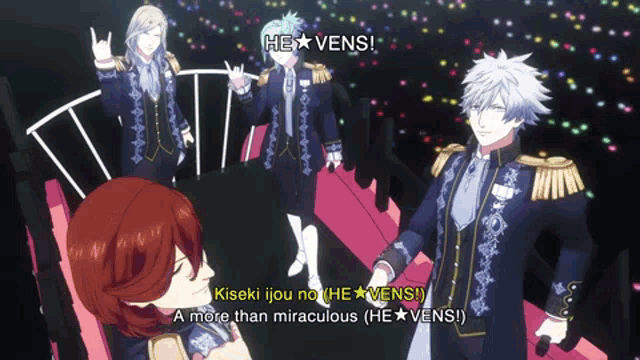 a group of anime characters standing next to each other with the words hey vens written above them