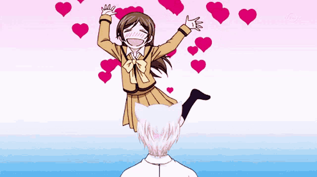 a girl with hearts coming out of her mouth is standing in front of a cat