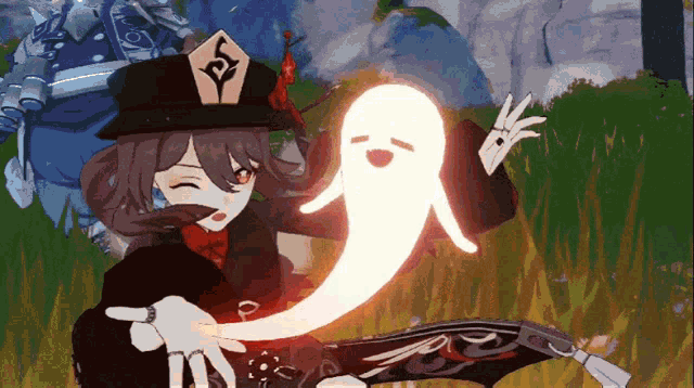 a girl in a hat is holding a white ghost in her hand