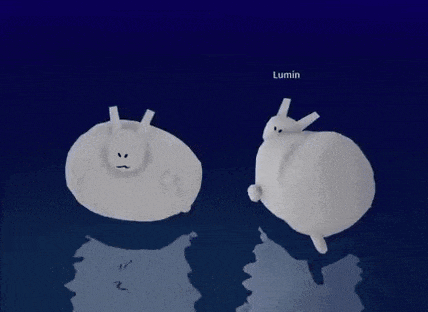 a couple of stuffed animals are standing next to each other on a blue surface .