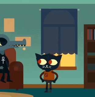 a cartoon drawing of a cat with an ankh on its chest standing in front of a window