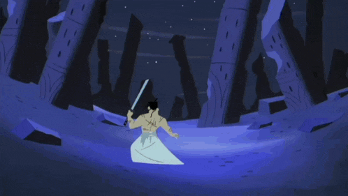 a cartoon of a man holding a sword in front of two monsters