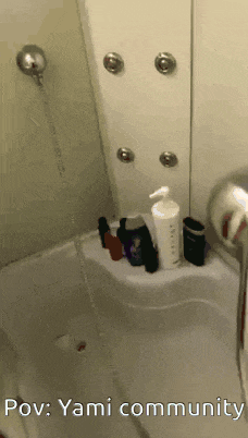 a picture of a bathroom with the words pov : yami community at the bottom