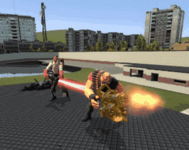 a video game scene with a man holding a sword and a shield