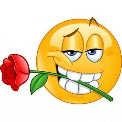 a smiley face with a red rose in its mouth .