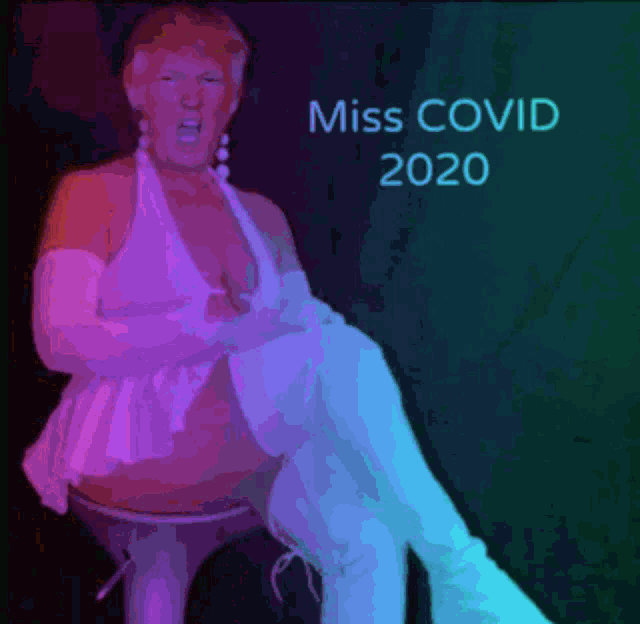 a miss covid 2020 poster with a woman in a white dress and white boots