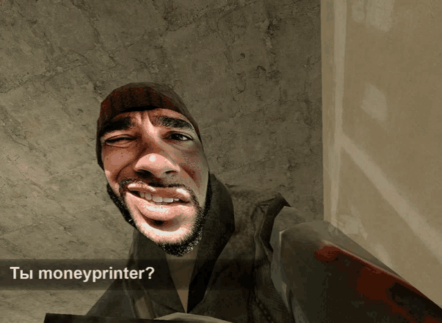 a man making a funny face with the words " ты moneyprinter " written below him