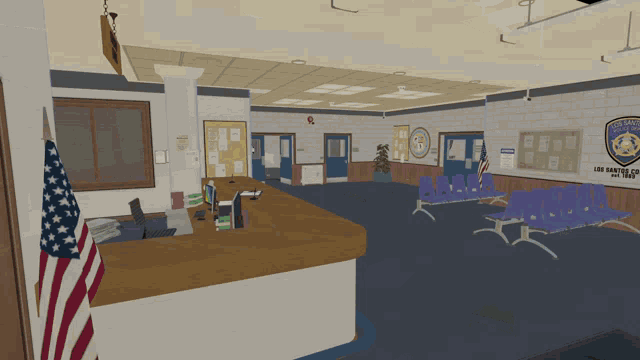 a computer generated image of a police station with a badge that says police