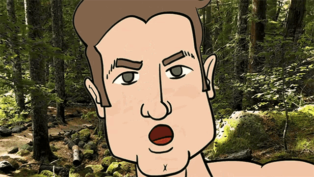 a cartoon of a man with a surprised look on his face in front of a forest