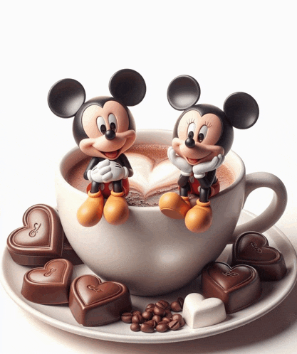 two mickey mouse figurines are sitting on a cup of coffee