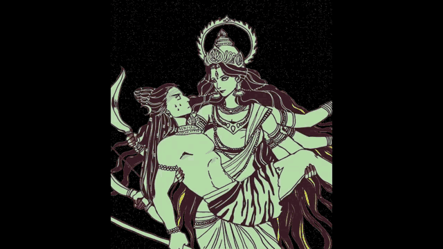 a drawing of a woman holding a man with a sword
