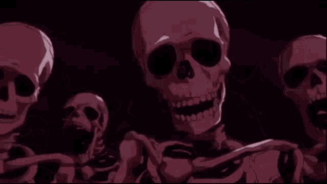 a group of skeletons are standing in a dark room and the word simp is on the bottom