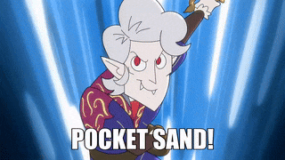 a cartoon character is holding a sword and the words pocket sand are above him