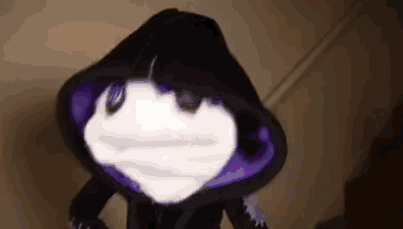 a person wearing a black hoodie with a purple hood and a white face .