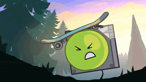 a cartoon drawing of a green ball with an angry face on it riding a skateboard