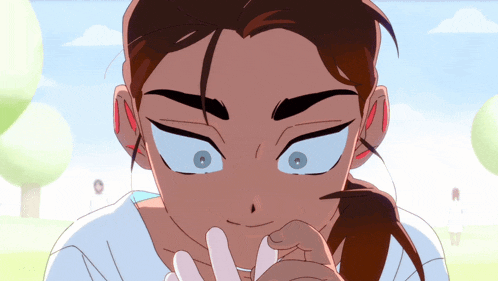 a cartoon drawing of a girl with a ponytail and blue eyes