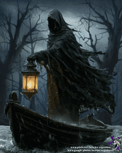 a painting of a grim reaper holding a lantern and a boat