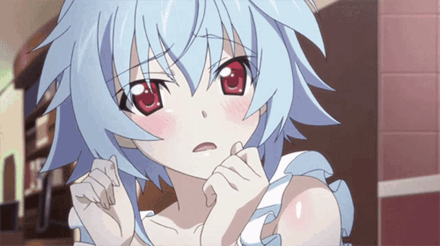 a girl with blue hair and red eyes has a white apron on