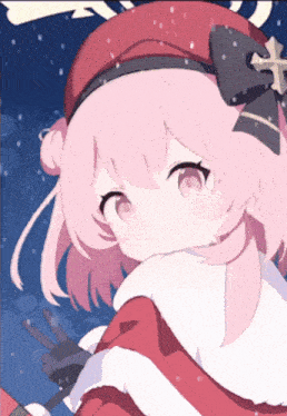 a girl with pink hair and a red hat is wearing a santa suit