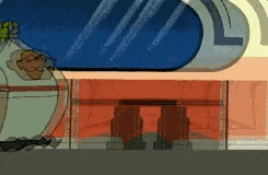 a cartoon of a man laying on a bed in a room with a blue balloon .