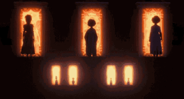 a group of people standing in a dark room with a glowing door behind them
