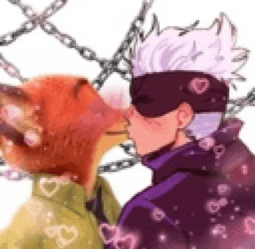 a man and a dog are kissing each other with chains around their necks .