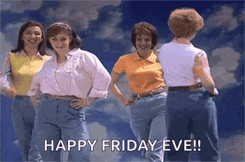 a group of women are dancing in front of a blue sky and the words `` happy friday eve '' .