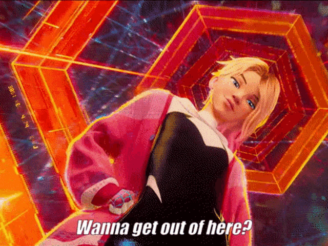 a cartoon character says wanna get out of here while standing in front of a futuristic background