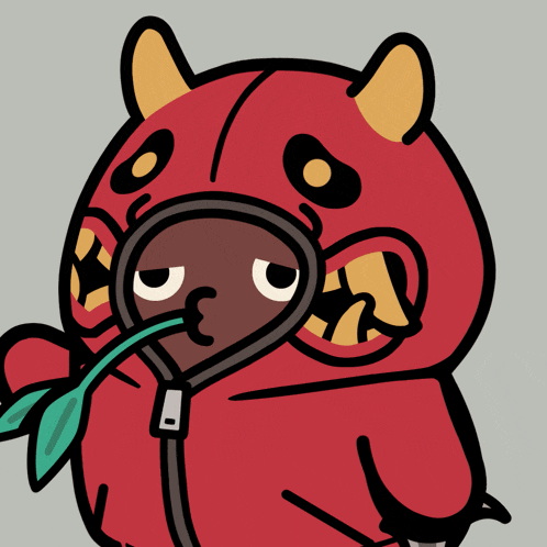 a cartoon drawing of a monster with horns and a zipper
