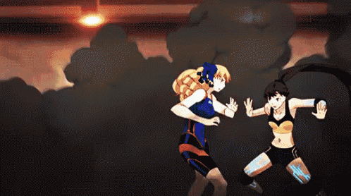 a couple of anime girls are fighting each other in a dark room