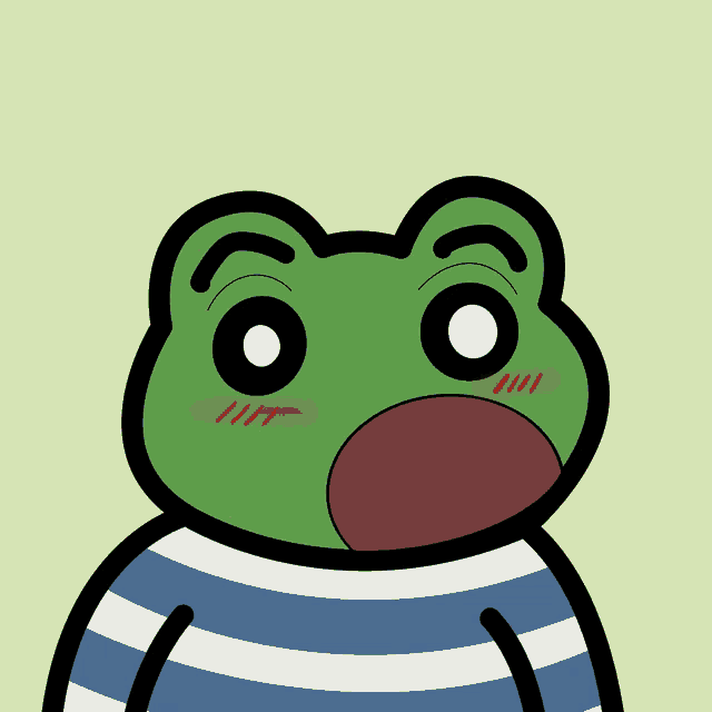 a green frog wearing a blue and white striped shirt with its mouth open