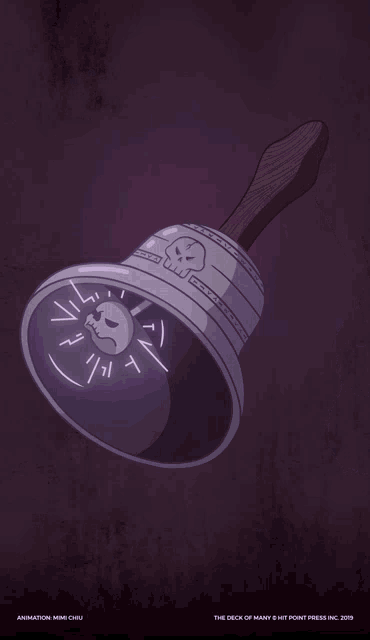 a purple background with a circle of letters and a skull