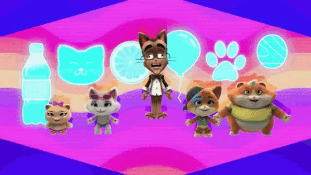 a group of cartoon cats standing next to each other on a pink and blue background