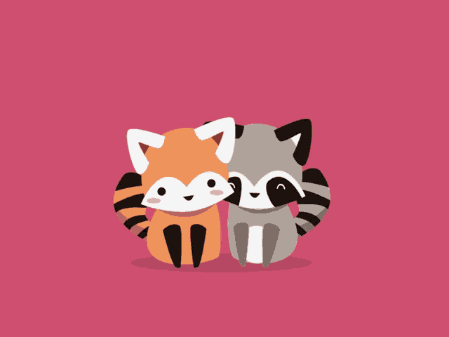 a fox and a raccoon are hugging each other with a heart above them