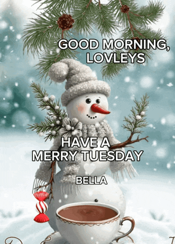 a snowman sitting next to a cup of coffee with the words good morning lovleys have a merry tuesday bella