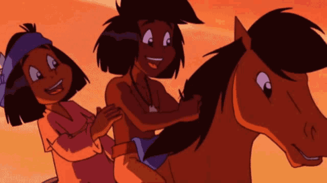 a cartoon of a boy riding a horse with two other children