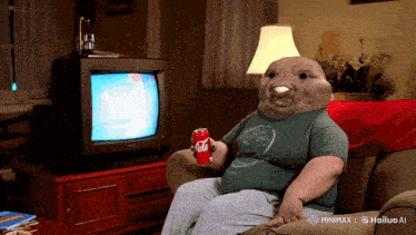 a person is sitting on a couch holding a can of coca cola