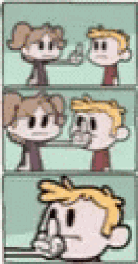 a cartoon of a boy and a girl talking to each other . the boy is giving the girl a middle finger .