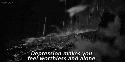 a black and white photo of a person in the rain with the words `` depression makes you feel worthless and alone . ''